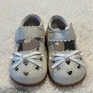 White Dress Shoes with Scalloped Strap and Bow Detail